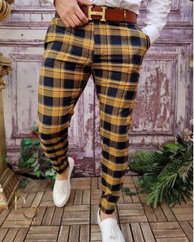 Pantaloni eleganți de bărbați, Galben in carouri, Croiala Slim Fit - PN725