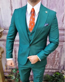 Costum elegant de barbati, Verde, Sacou, Vesta si Pantalon - C4011