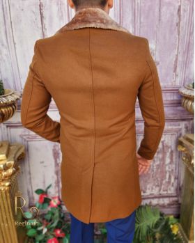 Palton de bărbați, Slim Fit, Maro cu guler detașabil de blana - PT445