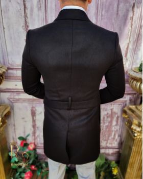 Palton de bărbați, Slim Fit, Negru cu nasturi si cordon - PT452