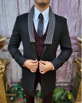 Palton de bărbați, Slim Fit, Negru cu nasturi si guler textil - PT463