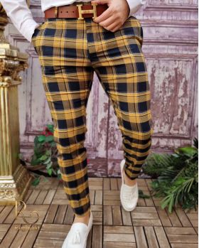 Pantaloni eleganți de bărbați, Galben in carouri, Croiala Slim Fit - PN725