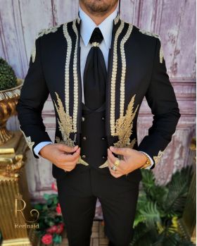 Costum de ceremonie, Slim Fit, Negru cu broderie aurie, Sacou, Vesta, Pantalon si Cravata - C3900