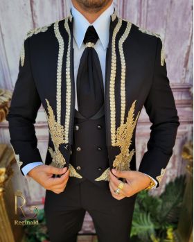 Costum de ceremonie, Slim Fit, Negru cu broderie aurie, Sacou, Vesta, Pantalon si Cravata - C3900