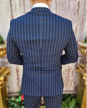 Costum de bărbați, Bleumarin cu dungi albe, Sacou, Vesta si Pantalon - C3884