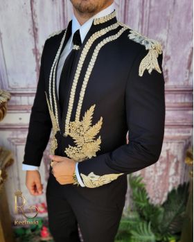 Costum de ceremonie, Slim Fit, Negru cu broderie aurie, Sacou, Vesta, Pantalon si Cravata - C3900