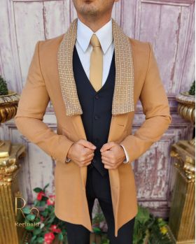 Palton de bărbați, Slim Fit, Bej, Guler textil detașabil - PT442