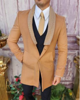 Palton de bărbați, Slim Fit, Bej, Guler textil detașabil - PT442