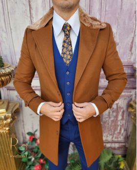 Palton de bărbați, Slim Fit, Maro cu guler detașabil de blana - PT445