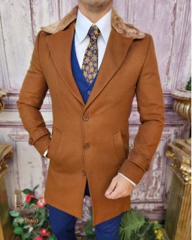 Palton de bărbați, Slim Fit, Maro cu guler detașabil de blana - PT445