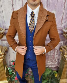 Palton de bărbați, Slim Fit, Maro, Guler textil detașabil - PT440