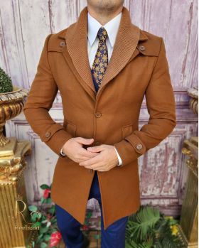 Palton de bărbați, Slim Fit, Maro, Guler textil detașabil - PT440