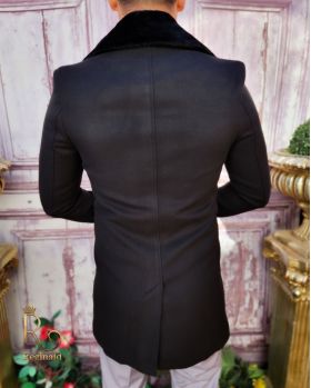 Palton de bărbați, Slim Fit, Negru cu guler detașabil de blana - PT448