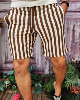Pantaloni scurți de bărbați, Slim Fit, albi cu dungi maro - PSC57