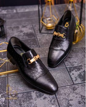 Pantofi Loafers de bărbați din piele naturala, Negru cu model - P1618