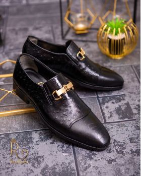 Pantofi Loafers de bărbați din piele naturala, Negru cu model - P1618