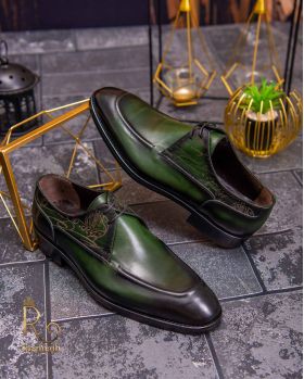 Pantofi eleganți de bărbați din piele naturala, Verde gravat - P1616