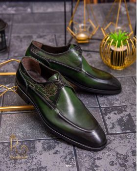 Pantofi eleganți de bărbați din piele naturala, Verde gravat - P1616