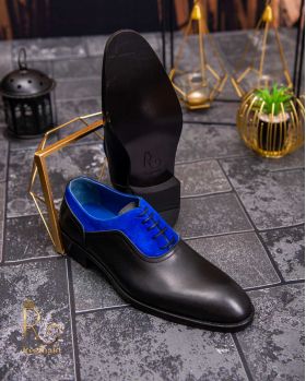 Pantofi eleganți de bărbați din piele naturala, Negru cu albastru - P1611