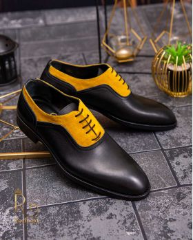 Pantofi eleganți de bărbați din piele naturala, Negru cu galben - P1610