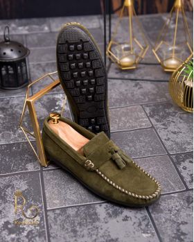 Mocasini casual de bărbați, Piele întoarsă verzi, cu ciucuri – AD451