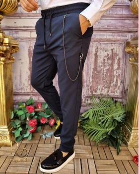 Pantaloni casual Slim-Fit, Bleumarin, cu șnur si lanț - PNT213