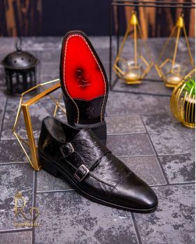 Pantofi Loafers de bărbați din piele naturala, Negru cu model - P1571