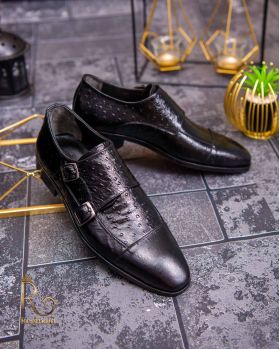 Pantofi Loafers de bărbați din piele naturala, Negru cu model - P1571