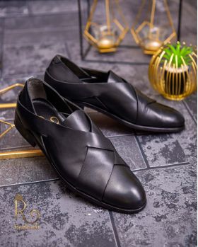 Pantofi Loafers de bărbați din piele naturala, Negru cu model - P250