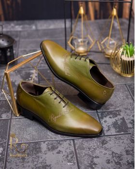 Pantofi eleganți de bărbați din piele naturala, Verde gravat - P1566