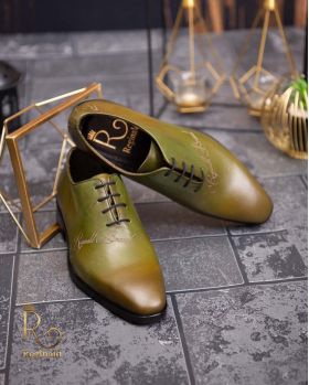 Pantofi eleganți de bărbați din piele naturala, Verde gravat - P1566