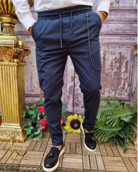 Pantaloni casual Slim-Fit, Bleumarin, cu șnur si lanț - PNT213