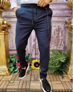 Pantaloni casual Slim-Fit, Bleumarin, cu șnur si lanț - PNT213