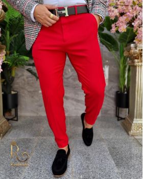 Pantaloni Roșu englez de bărbați, Casual Slim Fit, Conici cu lanț – PN708