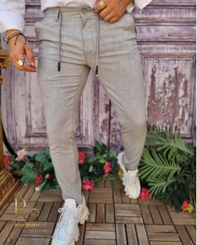 Pantaloni casual Slim-Fit, Gri, cu șnur si tiv întors - PNT206