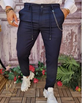 Pantaloni casual Slim-Fit, Bleumarin, cu șnur si lanț - PNT207