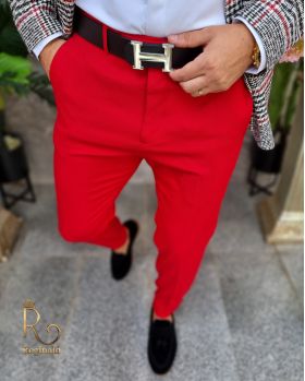 Pantaloni Roșu englez de bărbați, Casual Slim Fit, Conici cu lanț – PN708