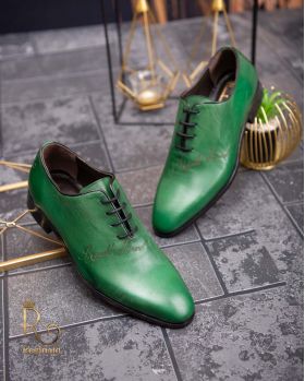 Pantofi eleganți de bărbați din piele naturala, One Cut, Verde gravat - P1551