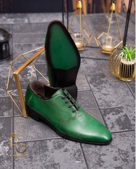 Pantofi eleganți de bărbați din piele naturala, One Cut, Verde gravat - P1551