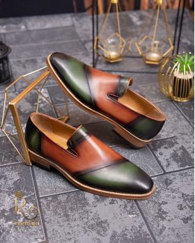 Pantofi Loafers de bărbați din piele naturala, Verde / Maro - P1535