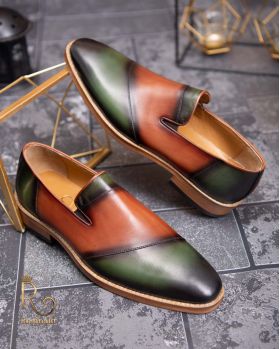 Pantofi Loafers de bărbați din piele naturala, Verde / Maro - P1535