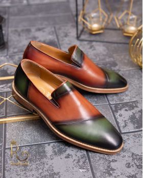 Pantofi Loafers de bărbați din piele naturala, Verde / Maro - P1535