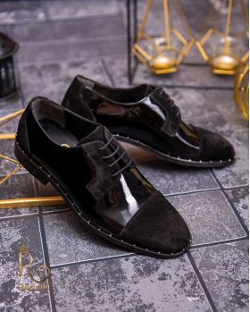 Pantofi eleganți de bărbați din piele naturala, Negru lăcuit /catifea - P1547