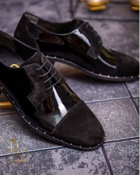 Pantofi eleganți de bărbați din piele naturala, Negru lăcuit /catifea - P1547