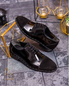 Pantofi eleganți de bărbați din piele naturala, Negru lăcuit /catifea - P1547