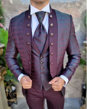 Costum de ceremonie cu tunica/bordeaux, Sacou, Vesta, Pantalon si Cravata - C3803