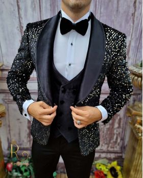 Costum de ceremonie, Slim Fit, Negru cu paiete, Sacou, Vesta, Pantalon si Papion - C3836