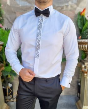 Camasa alba slim-fit, de ceremonie, pentru papion, cu butoni, ginere/nas - CM286