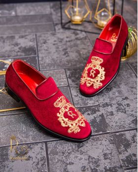 Pantofi Loafers, barbatesti, rosii cu broderie aurie, catifea- P1755