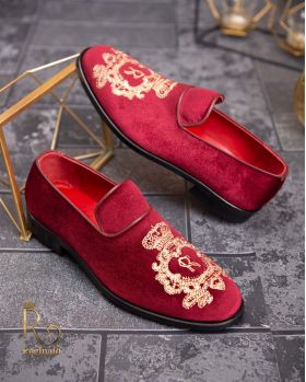 Pantofi Loafers, barbatesti, rosii cu broderie aurie, catifea- P1755